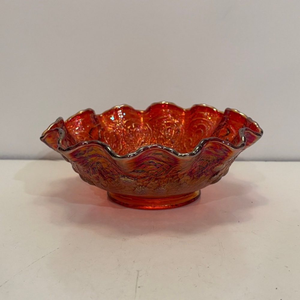 Vintage Fenton red Orange Carnival Glass Bowl Ruffled